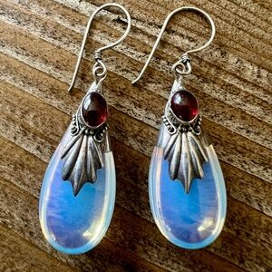 Vintage Sterling Silver Opalite & Garnet Teardrop Dangle Earrings 925